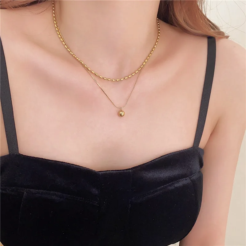 2in1 Double Layer Snake Bead Chain Tiny Gold Ball Pendant Waterproof Stainless Steel PVD Gold Color Necklace Fashion Jewelry