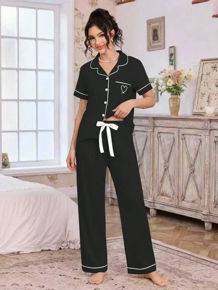 

Womens Black Pajama Set With White Trim And Heart Embroidery Short Sleeve Top And Wide Leg Pants