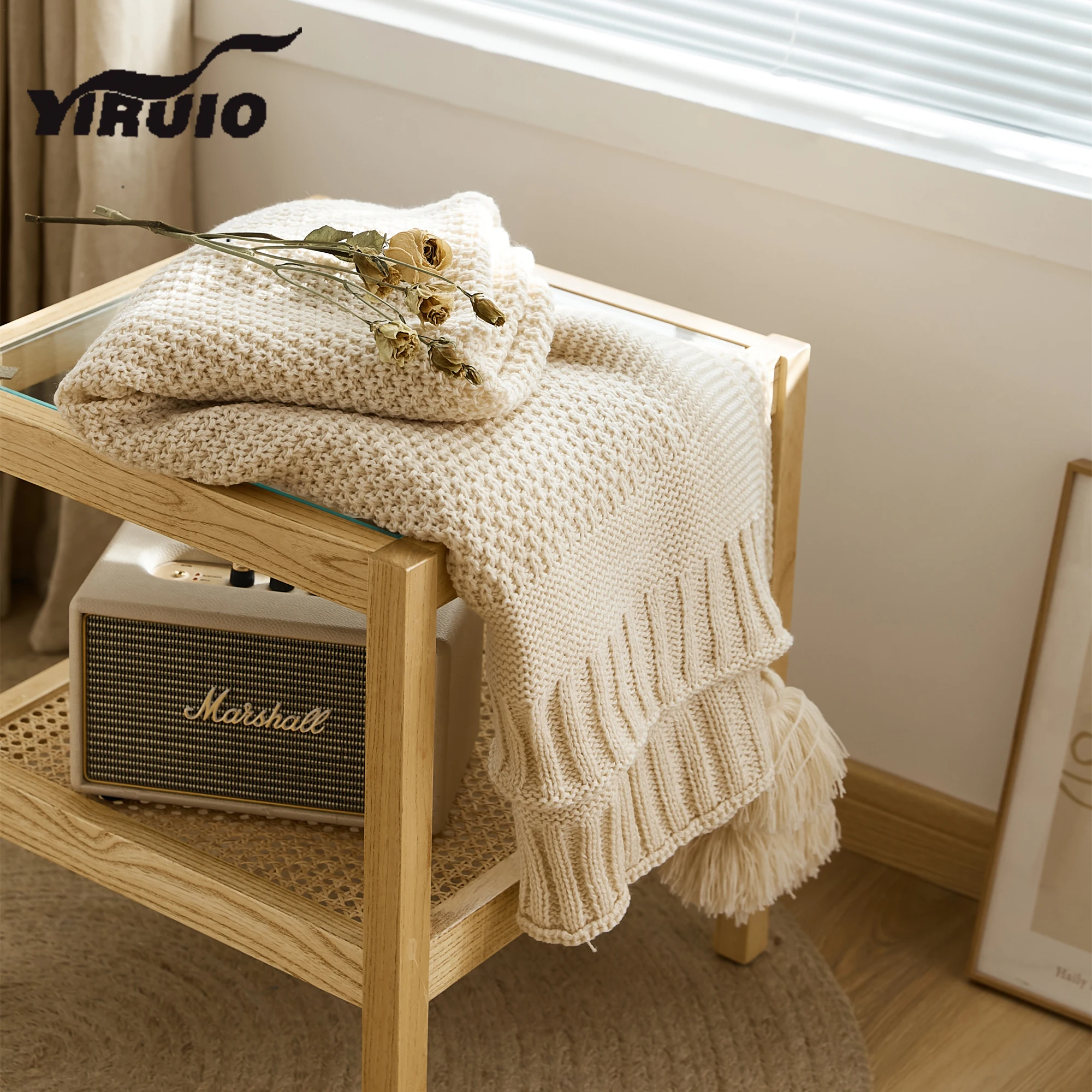 YIRUIO Nordic Cute Tassel Knitted Blanket Throw Fluffy Soft Warm Winter Autumn Wine Beige Gray Navy Orange Sofa Bed Wrap Blanket