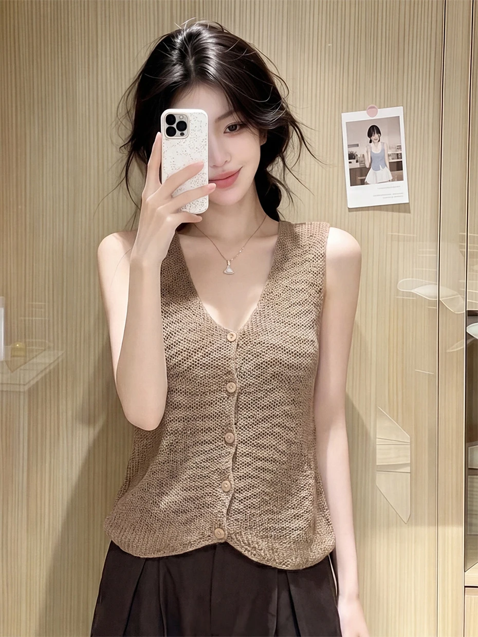 

Retro Khaki Hollow V-neck Single Button Knitted Vest Women Summer Thin Sleeveless Tank Top Outerwear Shirt City Commute