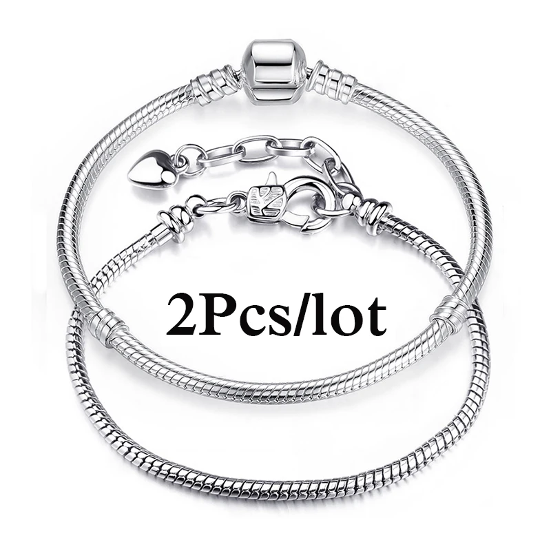 2Pcs/Lot Special Offer Silver Color Snake Chain Charm Bracelets DIY Original Brand Bracelet For Women Men Jewelry Dropshipping