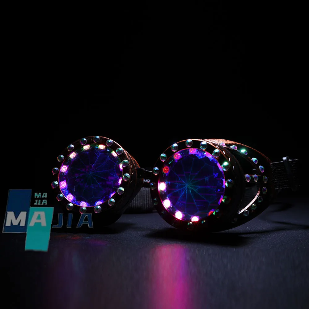 Okulary Punkowe LED REZZ, Ładowalne, Tęczowe, Pełny Spektrum Kolorów, Podświetlane Gogle, Akcesorium Kostiumowe na Imprezę DJ w Klubie Nocnym