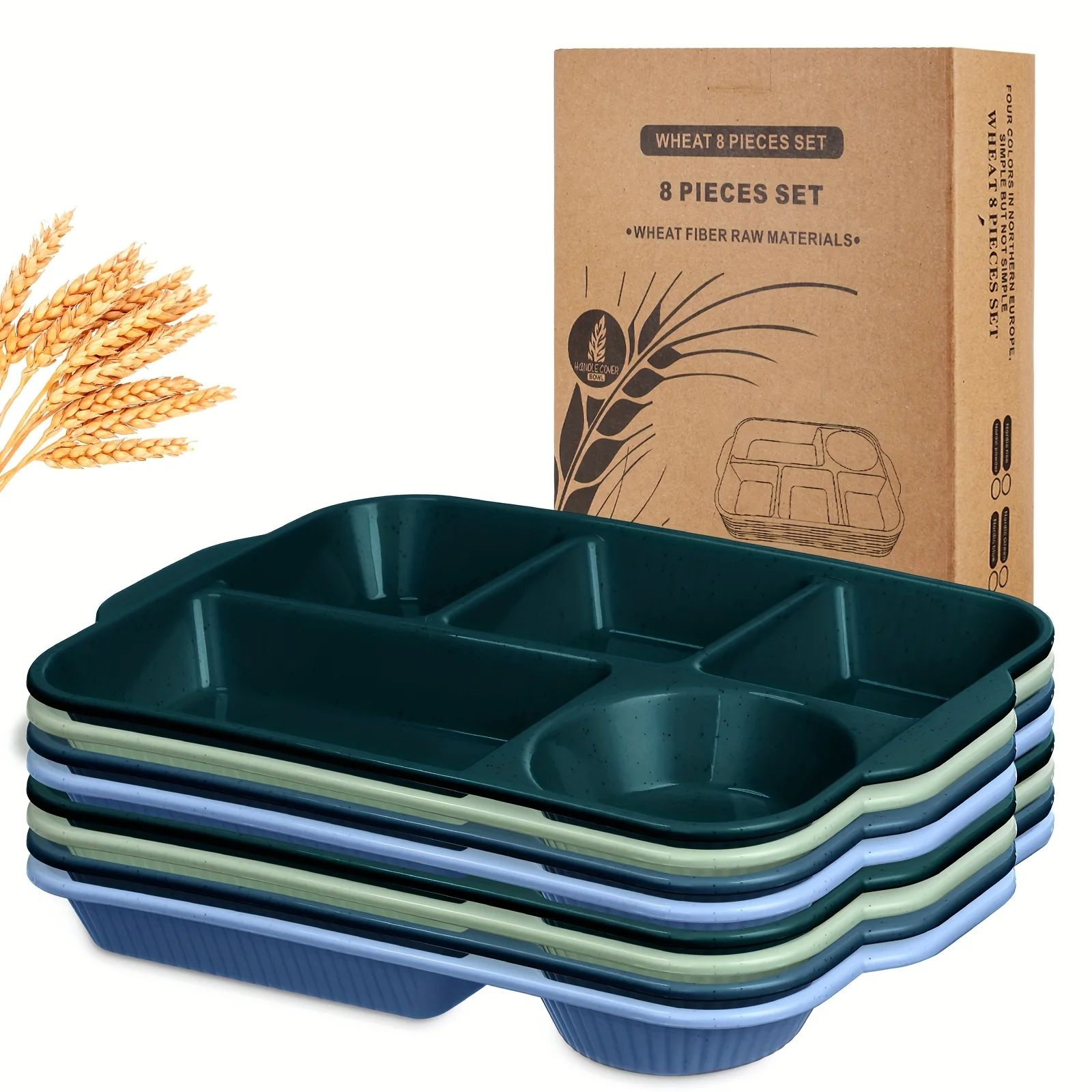 8pcs 13'' Large Divided Plates Wheat Straw Dinnerware Lunch Trays Lightweight Reusable Plastic Compartment Microwave Dishwasher
