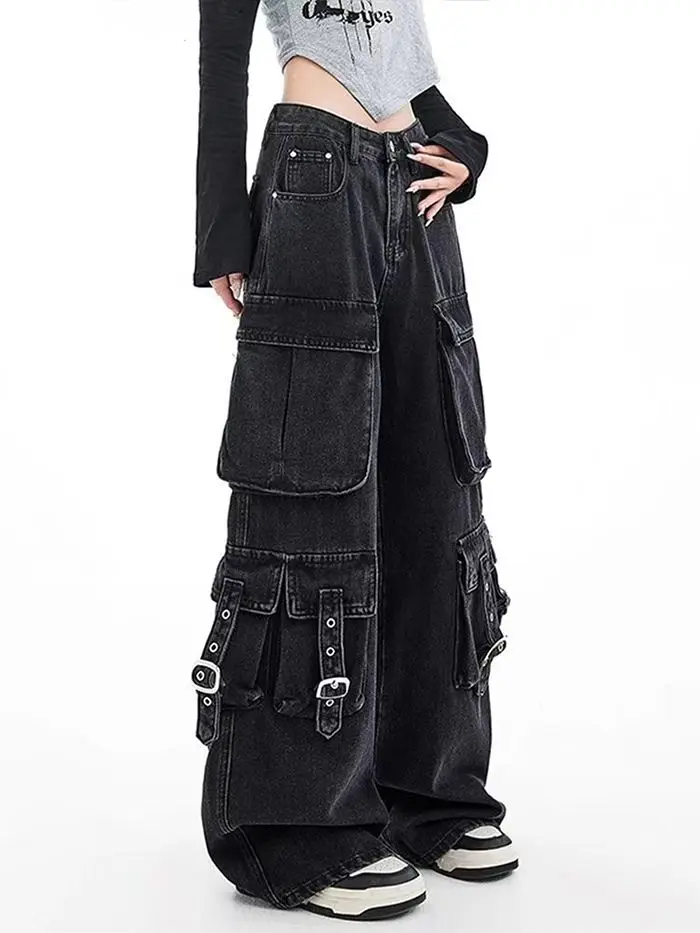 Zwarte Gothic Punk Multi-Pocket Rits Denim Jeans Mannen En Vrouwen Y2K Amerikaanse Baggy Mode Hoge Taille Losse Wijde pijpen Jeans
