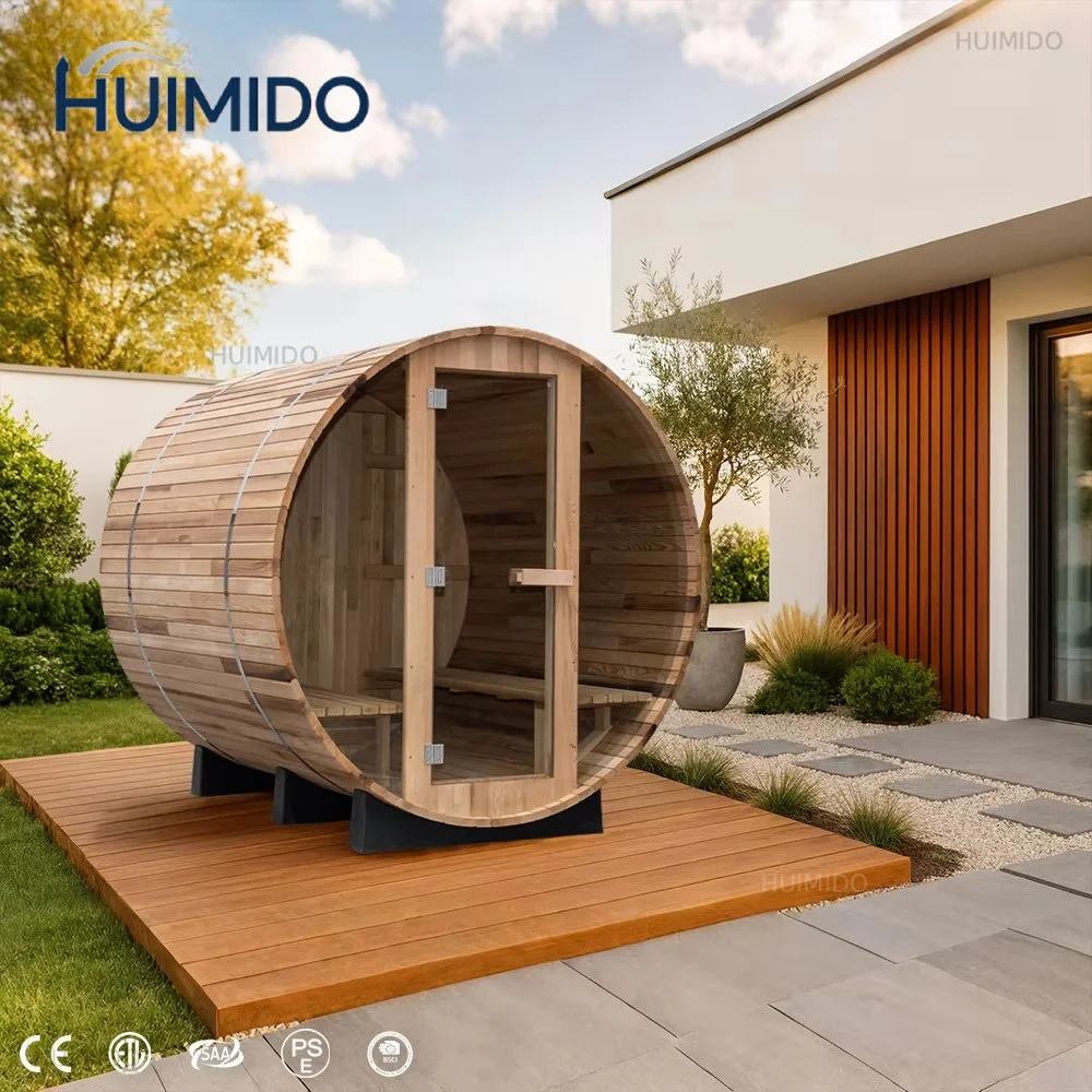 Outdoor luxury barrel sauna, suitable for villas, hotels and residences, solid wood structure, wholesaler