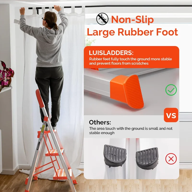 LUISLADDERS 3 Step Stool Aluminum Lightweight Step Ladder Folding Anti-Slip with Rubber Hand Grip 350lbs Capacity Home