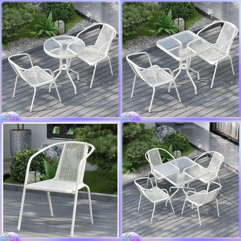 Outdoor Patio Furniture Set Wrought Iron Rattan Table and Chairs Simple Balcony Courtyard Garden Dining Chair for Milk Tea