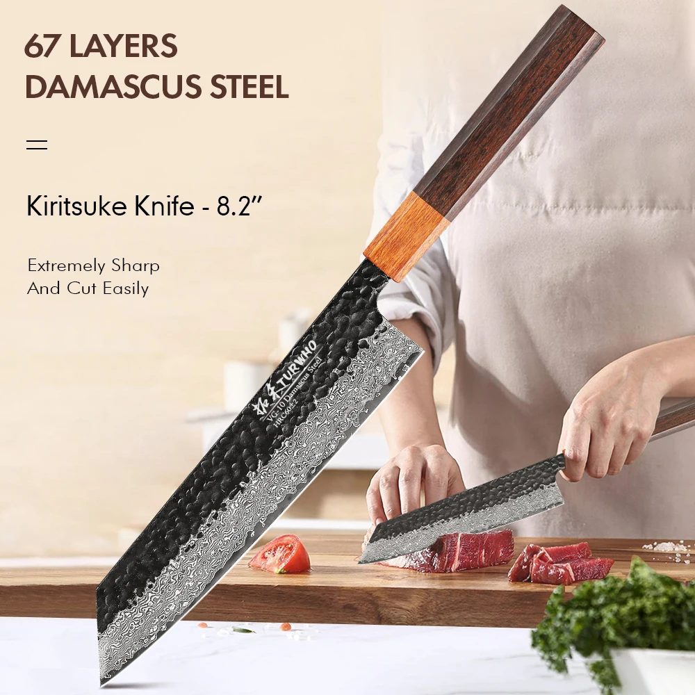 

TURWHO 8.2-inch Hand Forged Kiritsuke Knife Damascus Steel Japanese Kitchen Chef Knives Sharp Professional Cleaver Cooking Tools