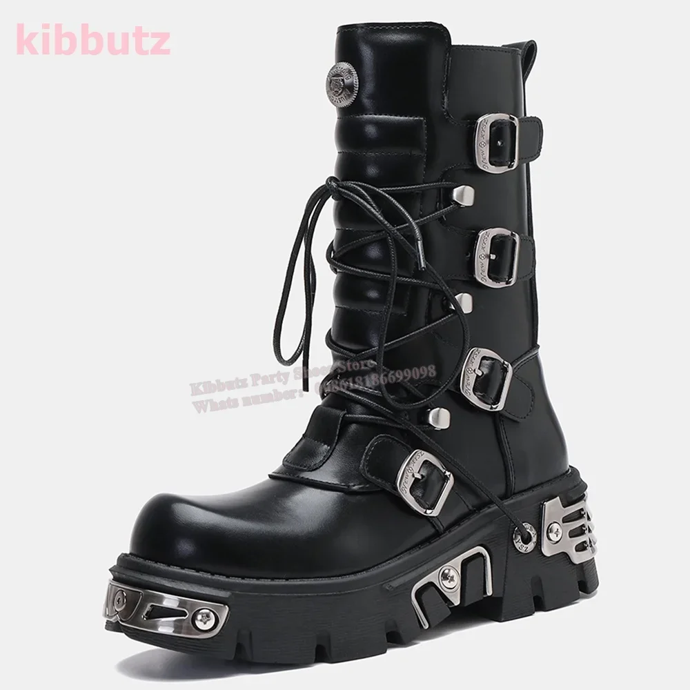 โลหะหนาด้านล่างกลางลูกวัวรองเท้าบูท Dark Rock Punk เข็มขัดหัวเข็มขัดรอบ Toe ความสูงเพิ่ม Lace - up Zipper รองเท้าแฟชั่นผู้หญิงใหม่ล่าสุด