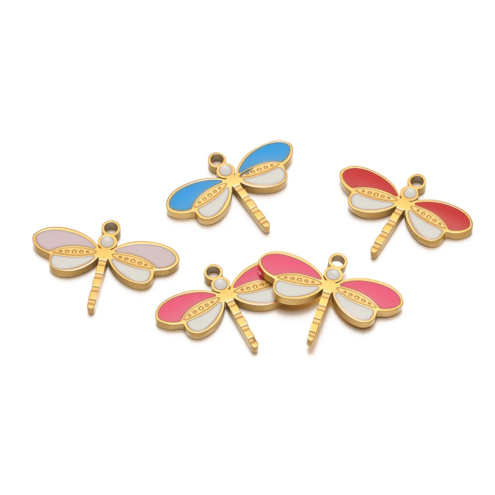 5 Stück Edelstahl-Charms mit niedlichen Libellen-Motiven aus Emaille für DIY-Schmuckherstellung: Halsketten, Anhänger, Armbänder, Ohrringe für Mädchen. – Detail 5