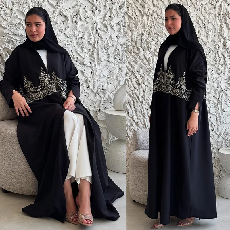 Muslim Women Dubai Abaya Dress Gold Applique Open Front Long Kaftan Textured Crepe Fabric Eid Modest Dress