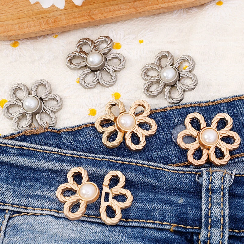 5 pz/lotto fibbia in vita a forma di fiore per le donne ragazze moda regolabile stringere spilla pantaloni staccabili Jeans bottone oro argento