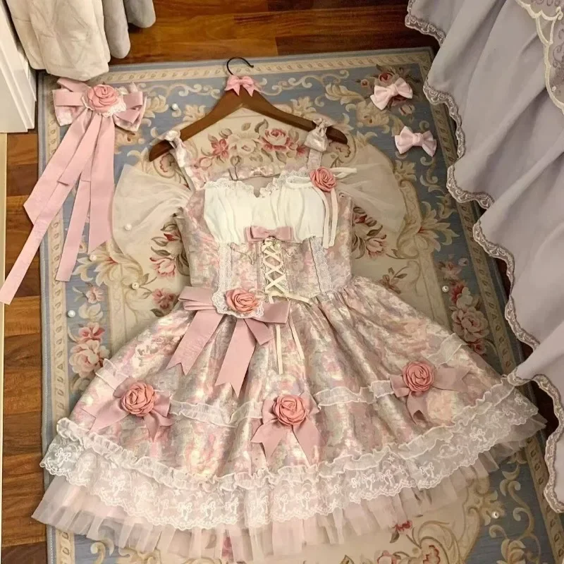 2025 French Summer Sweet Y2k Fairy Lolita Dress Women Long Sleeve Lace Mini Dress Vintage Kawaii Clothes One Piece Dress Korean