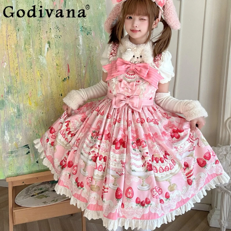 

Japanese Kawaii Girl's Lolita Dresses Jsk Summer New Woman's Sweet Cute Bow Strawberry Dress Y2k Birthday Party Dress Vestidos