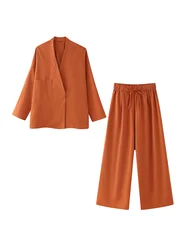 Pant Sets Linen Casual Elegant 2 Piece Sets Women Outfit V Neck Loose Kimono And Wide Leg Trousers Co Ord New In Matching Sets