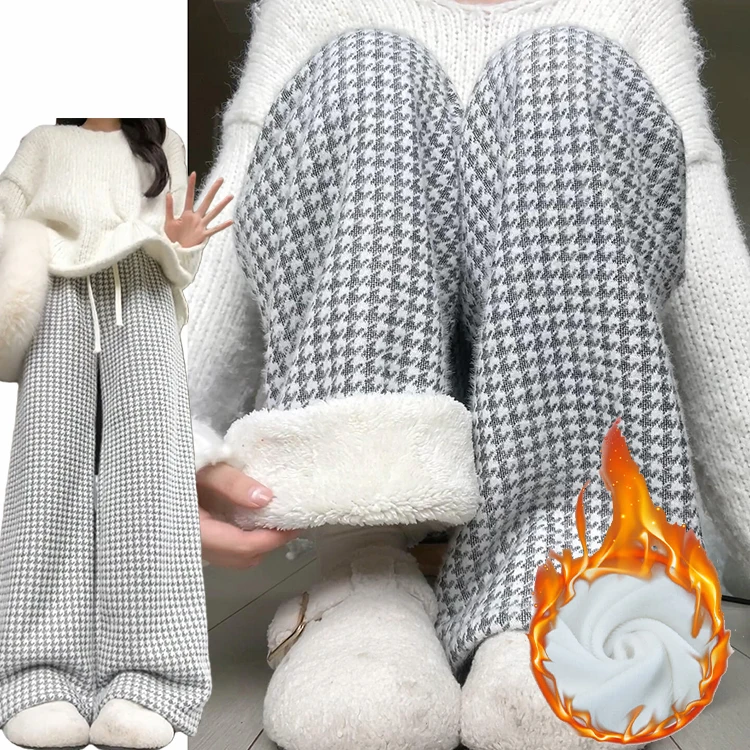 Cordeiro veludo xadrez calças casuais femininas outono inverno novo sle pequena fraança vento anti envelhecimento fce forrado thi quente reto...