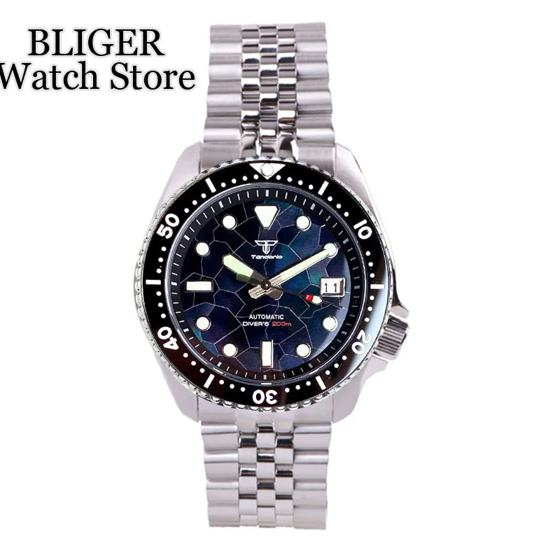 Tandorio glänzendes schwarzes Gehäuse-Zifferblatt, 41 mm, NH35AA, 200 m wasserdichte automatische Taucheruhr für Herren, 120-Klick-Lünette, Saphir-Stahlarmband