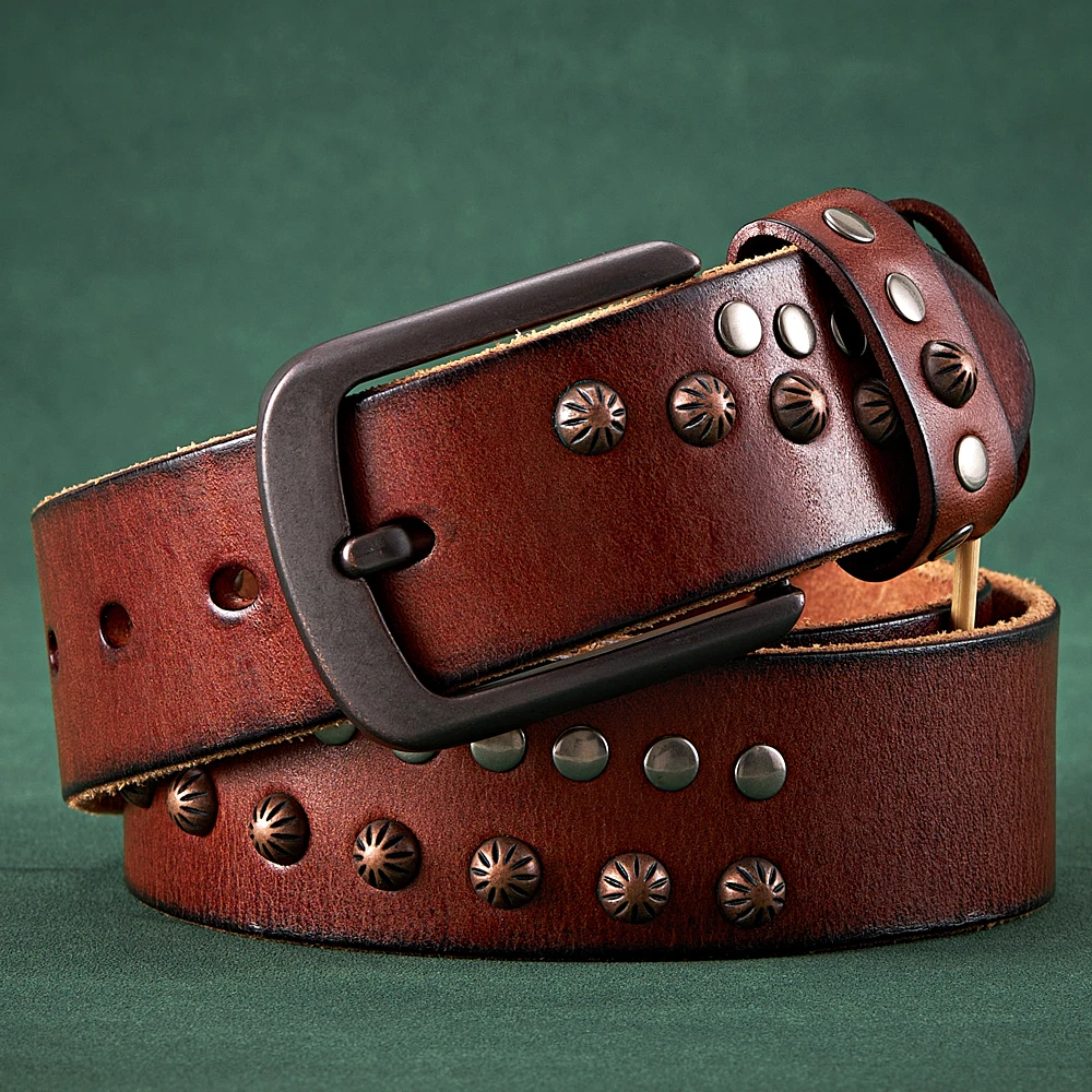 3.8CM Real Cowskin Genuine Leather Belt Retro Skull Punk Rivet Belt For Man Cowboy Male Designer Exclusive Strap For Jeans