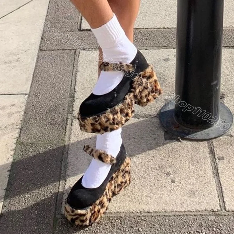 

Leopard Print Platform Pumps Round Toe British Style Spring Ankle Buckle Fashion Chunky Heels Women Shoes Zapatos Para Mujere