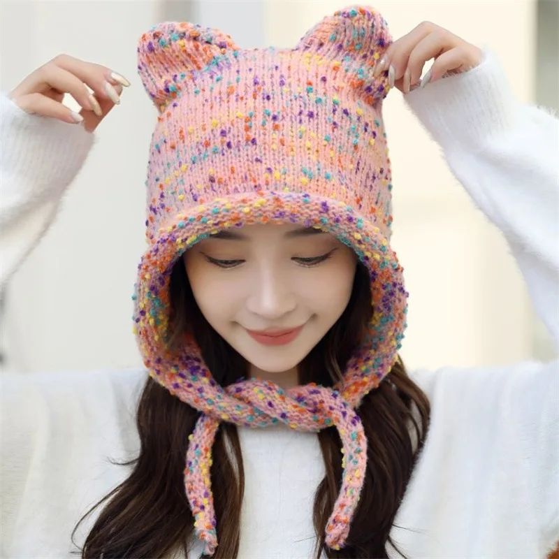 Autumn Winter Cat Ear Fluffy Knitted Hat Women Plush Warm Hat Female Wrap Head Bonnet Beanies