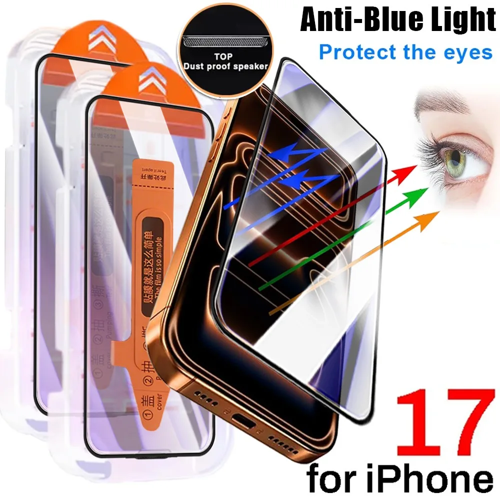 Protetor de tela anti-luz azul, 2 peças, fácil instalação, para iphone 17 pro max 17air, proteção para os olhos, filme frontal de vidro temperado hd