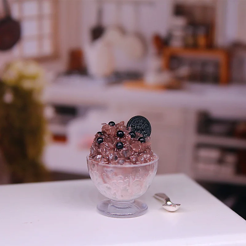 1Pc 1:12 Dollhouse Miniature Pearl Shaved Ice Model With Spoon Kitchen Food Accessories For Doll House Decoration Kids Toys Gift
