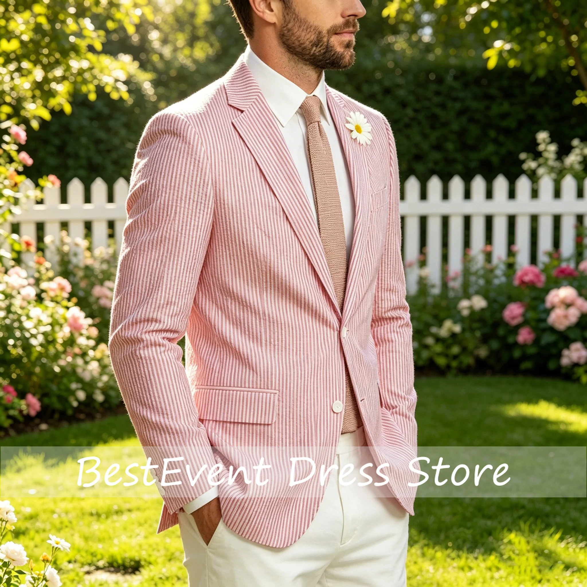 Men's Striped Seersucker Blazer Notch Lapel Slim Fit Suit Jacket Summer Lightweight Business Casual for Wedding Party Customized