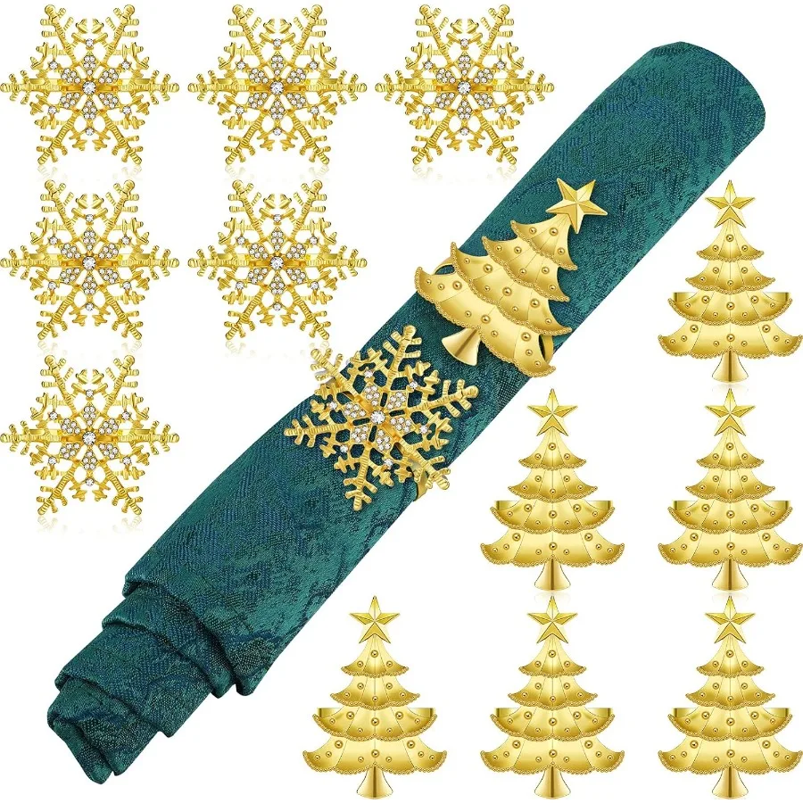 

12 рождественских колец для салфеток, кольца для салфеток со снежинками, рождественская елка, держатель для салфеток, пряжка, металлический держатель для колец для салфеток со стразами, Chris