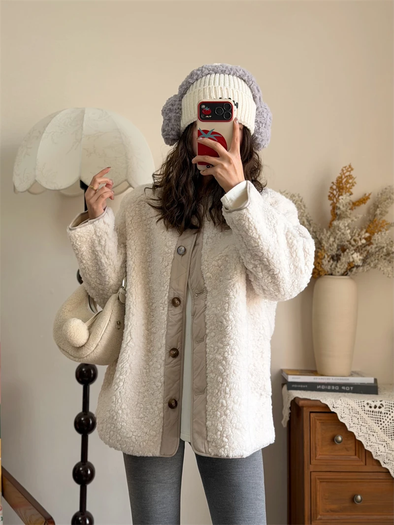 

Ультрамягкое комфортное пальто из овечьей шерсти для женщин, осенне-зимнее, утепленное, свободного кроя, стройнящее, теплое, в корейском стиле, двустороннее