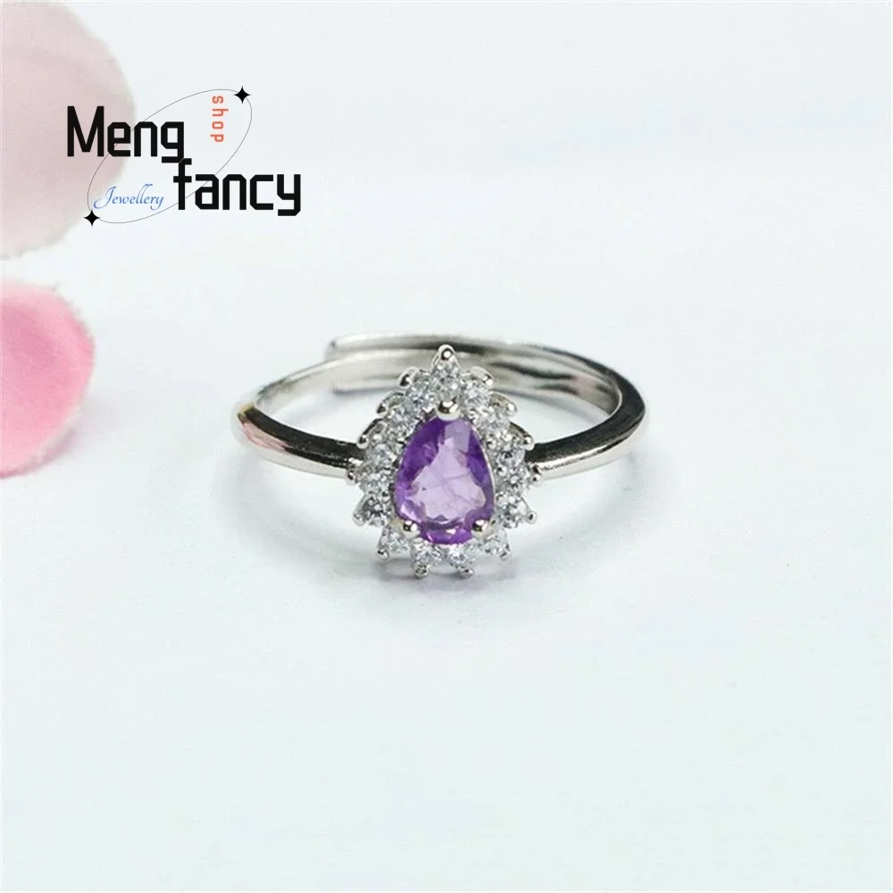 

Natural Amethyst Teardrop Ring Purple Colour Gemstone Charm Elegant Adjustable Wedding Souvenir Exquisite Couple Fashion Jewelry