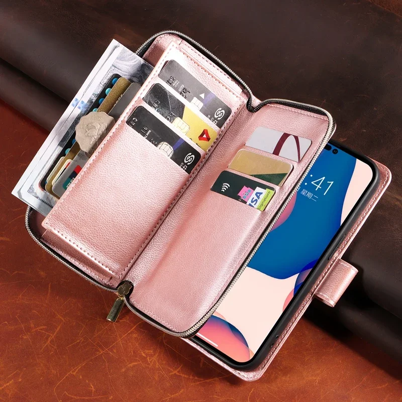 9 Card Slots Leather Case Cover for iPhone 16 Pro Max 16 Plus 16 Pro 15 14 13 12 11 SE 7 8 Plus Xs Max Durable Zipper Wallet Bag