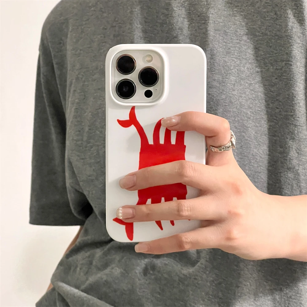 Ins Korean Cute Simple Graffiti Red Crab Phone Case for iPhone 16 15 14 13 12 11 Pro Max XS XR XSMax 6 7 8 Plus Glossy HD Cover