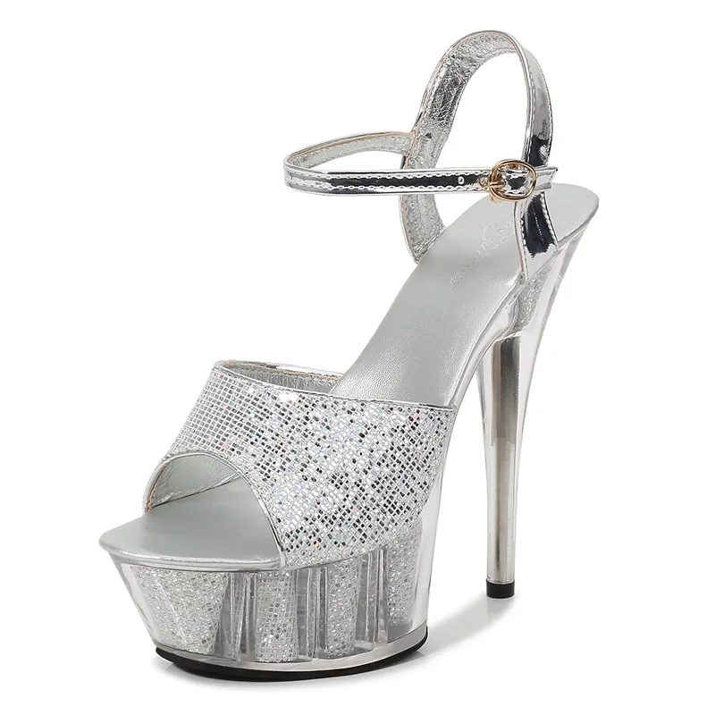 Silver Exotic 6Inch Women\'s Sandals Peep Toe Crossdresser Catwalk 15cm High Stripper Heels Catwalk Sexy Fetish Shoes Big Size