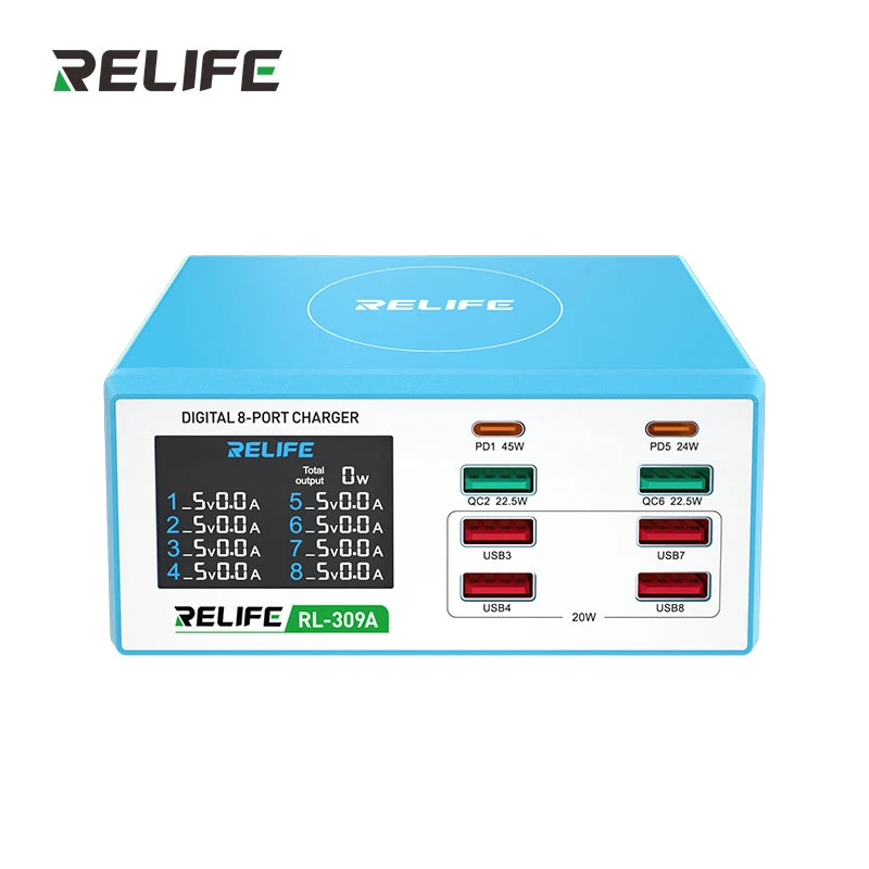 

RELIFE RL-309A Digital Display 8-port Charger 100W Quick Charging 3A Fast Charging Supports PD 3.0 and QC 3.0 for iPhone iPad