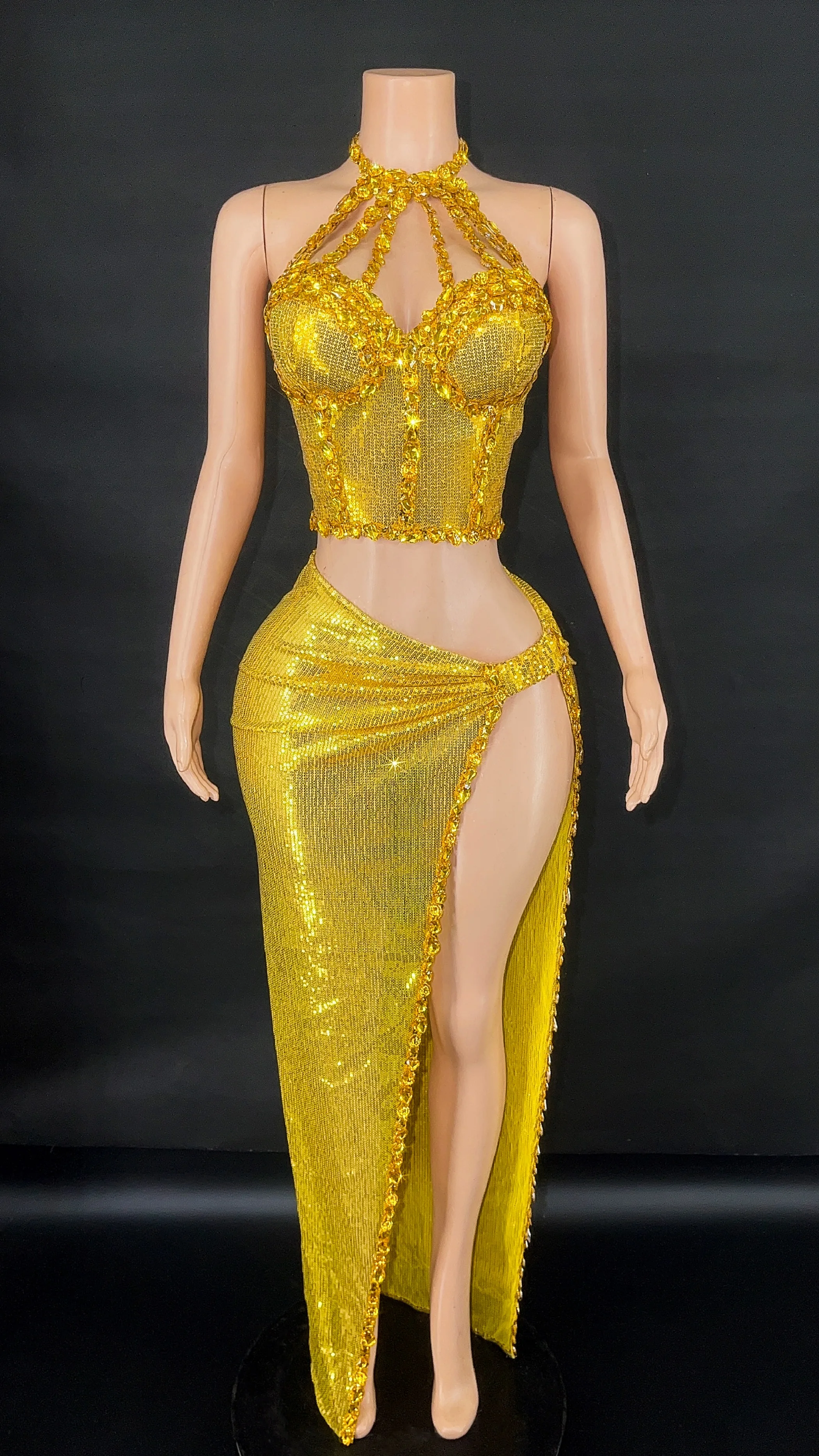 Sexy Luxury Shiny Rhinestone Sequins Cocktail Dress 2 Pieces Set Women Evening Celebrate Birthday Party Nightclub Stage costume