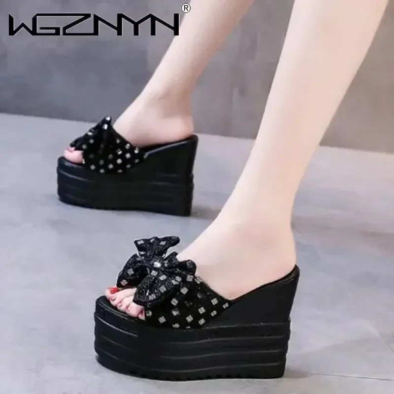 Luxury NEW Butterfly-Knot Slippers Casual Shoes On Wedge Peep Toe Increased Internal Platform Slipers Women Slides Heeled Mules