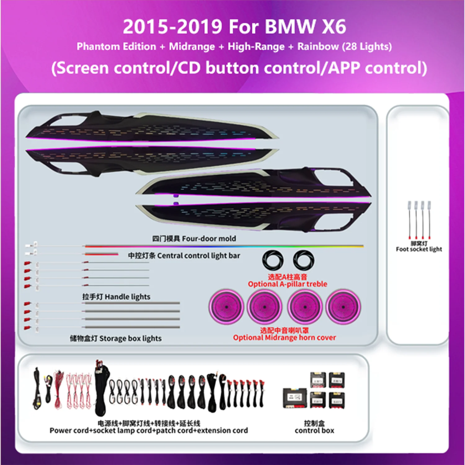 Dynamic Color Changing LED Car Interior Ambient Light Integrated All-in-One Upgrade phantom Kit Designed for BMW X6 F16 F86