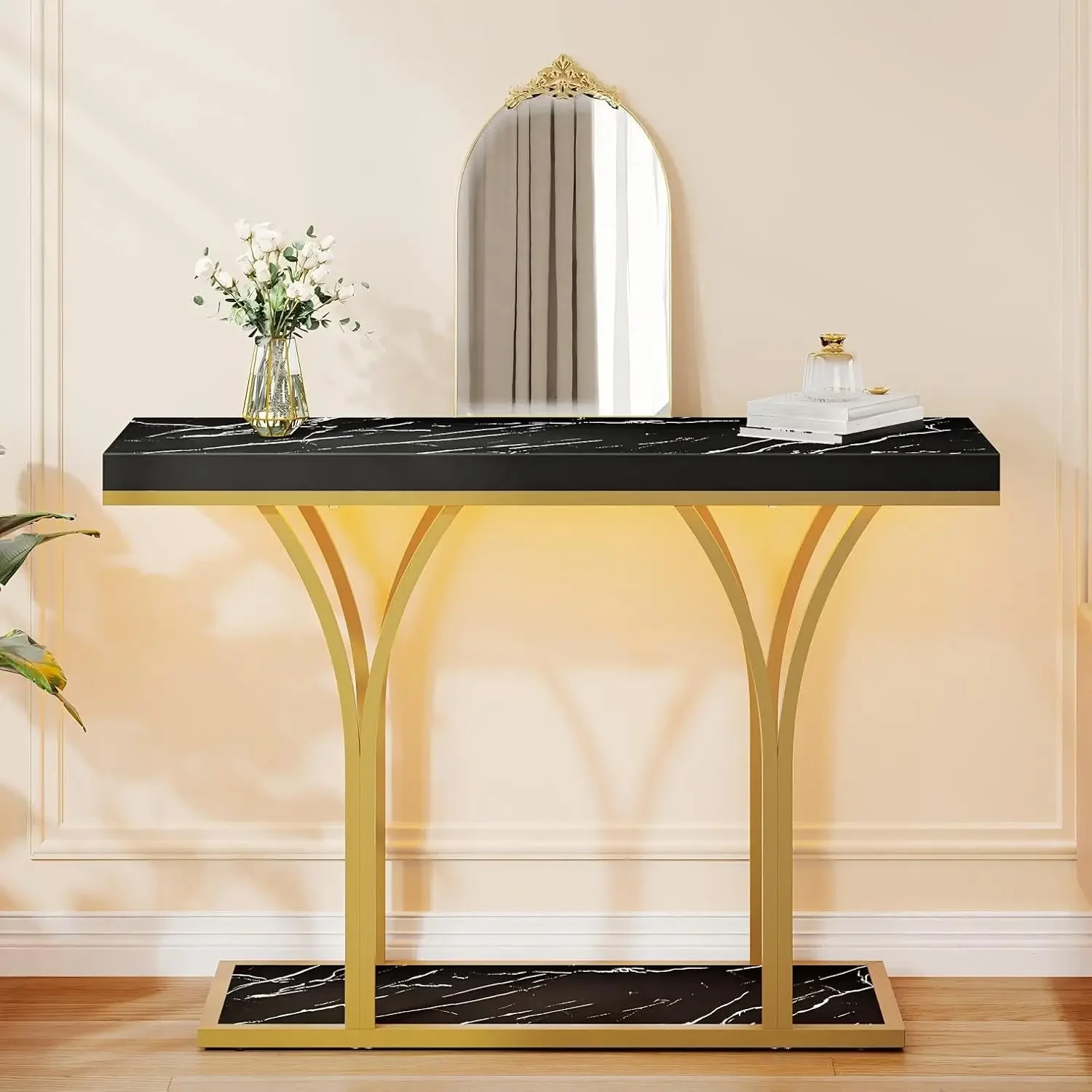 

Gold LED Lit Modern 39-Inch Wide Console Table - Narrow Marble Top Foyer Furniture for Entryway, (Black)