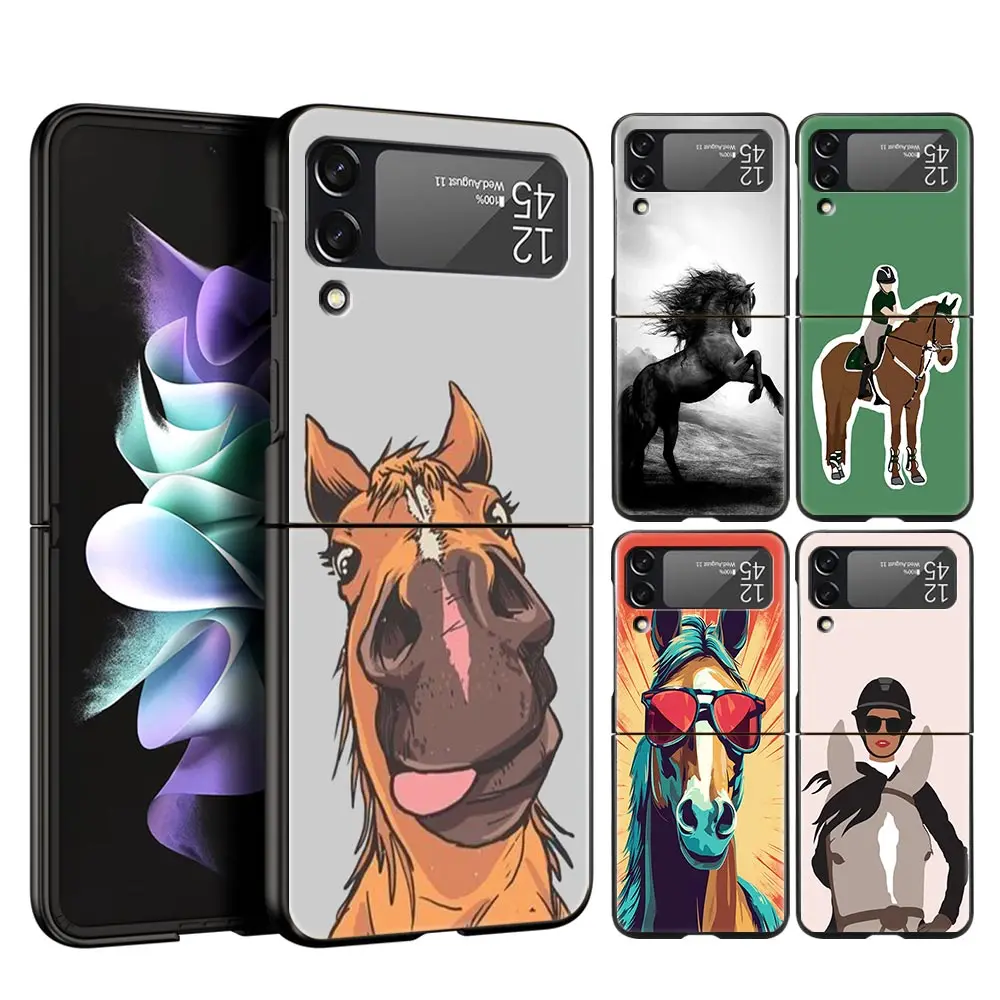 Case For Samsung Z Flip 3 4 5 Hard Black Folding PC For Samsung Z Flip3 Cover Protect Shell Animal Galloping Horse Girl Drawing