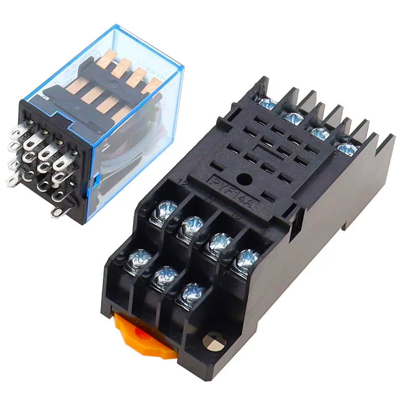 10Set MY4N DC12V AC12V DC24V AC24V Coil 5A 4NO 4NC LED Indicator Power Relay DIN Rail 14 Pin time relay with socket base