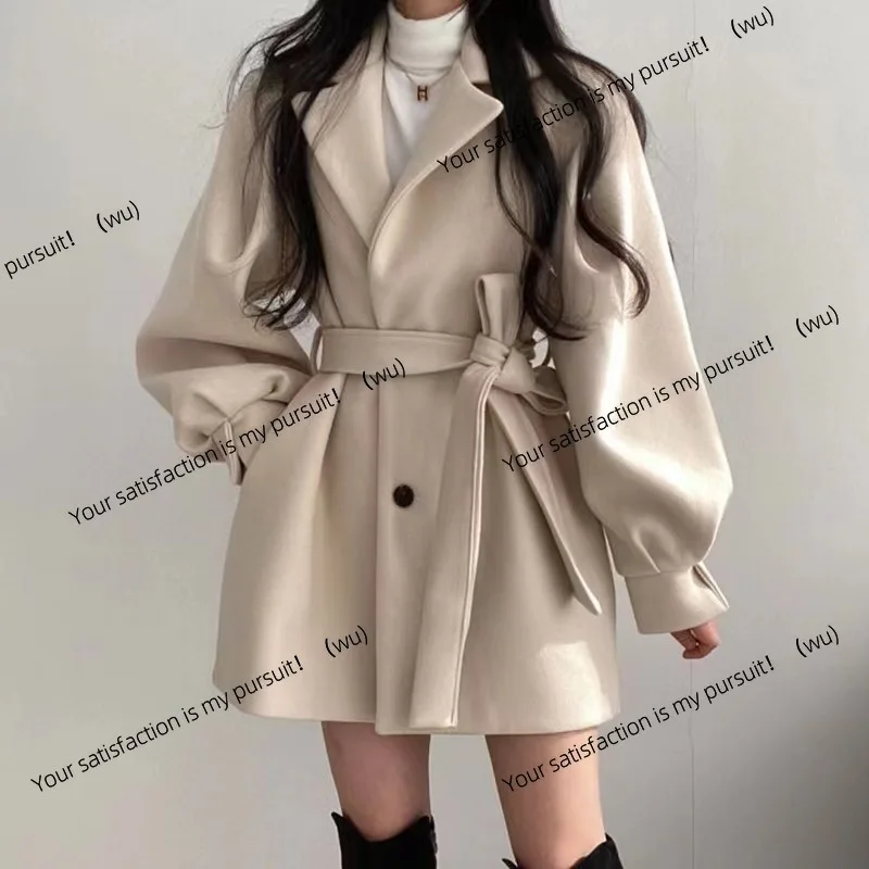 เสื้อโค้ทขนสัตว์สีดำสำหรับผู้หญิง ฤดูใบไม้ร่วงและฤดูหนาว ทรงเข้ารูป เอวเล็ก หนา ยาวปานกลางถึงยาว