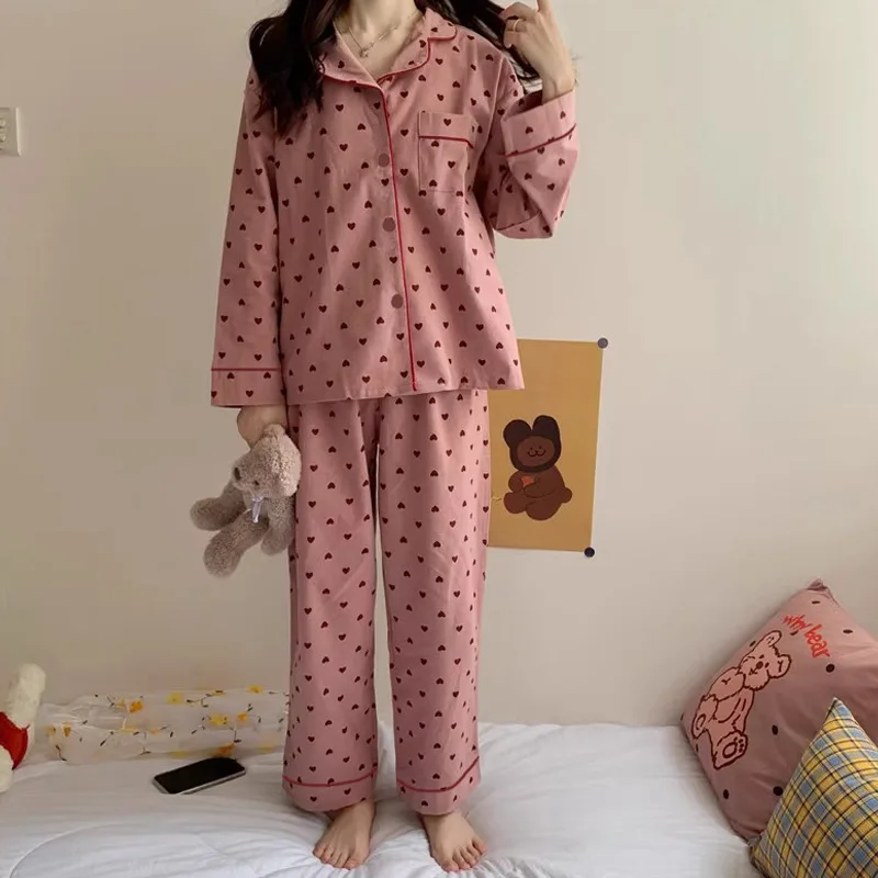 New Ins Loose Casual Pajamas for Women, Simple and Sweet Long Sleeved Cardigan Pjs for Girls, Home Two-piece Pajamas for Women