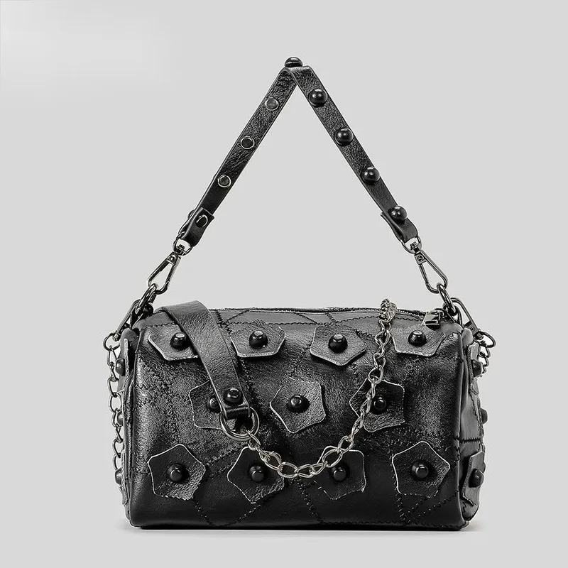 Leather Handbag For Women Retro Punk Style Rivet Pillow Niche Flower Chain Crossbody Bag Fashionable All-match Handbag