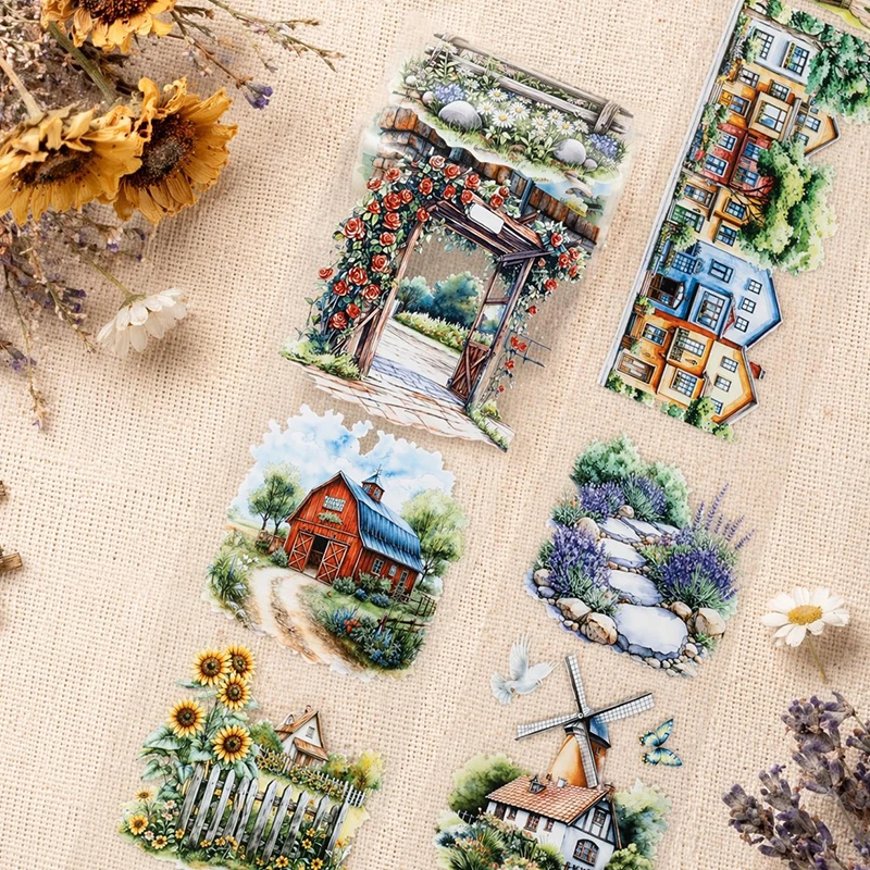 70mm*200cm Vintage Field Flower House Landscape PET Tape Creative DIY Journal Material Collage Scrapbooking Stationery