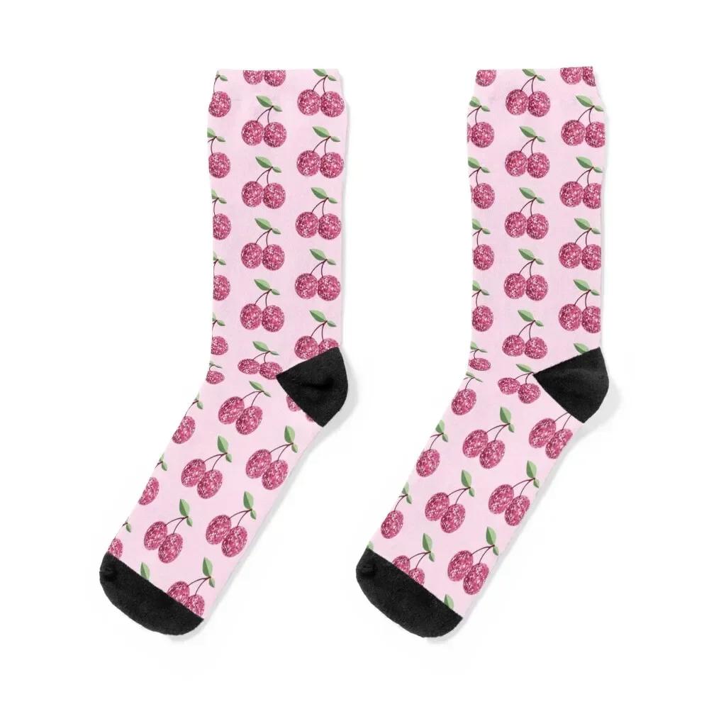 

Pink Cherry Disco Ball Socks winter Non-slip FASHION Run Socks Women Men's
