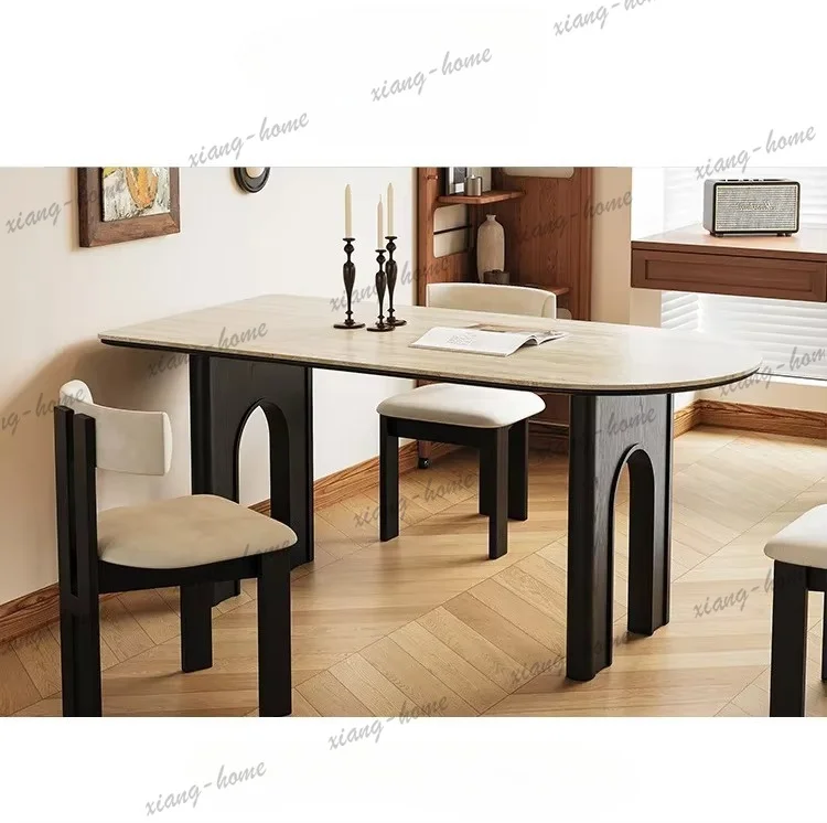 PG A Retro Medieval Rock Slab Household Small Apartment Dining Table Solid Wood Semi-round Island Against The Wall