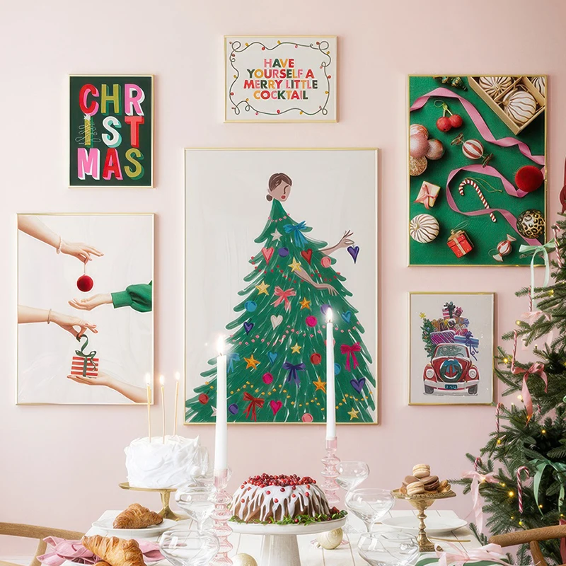 

Christmas Tree Girl Car Party Canvas Print Decorative Paintings Wall Art Poster Picture Living Room Gift Merry Cocktail Holidays