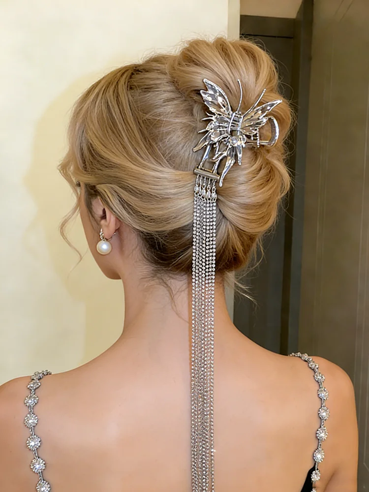

Блестящая заколка для волос с длинными стразами и кисточками для свадебного платья, аксессуар для волос, женская модная заколка-бабочка с бантом, головной убор A