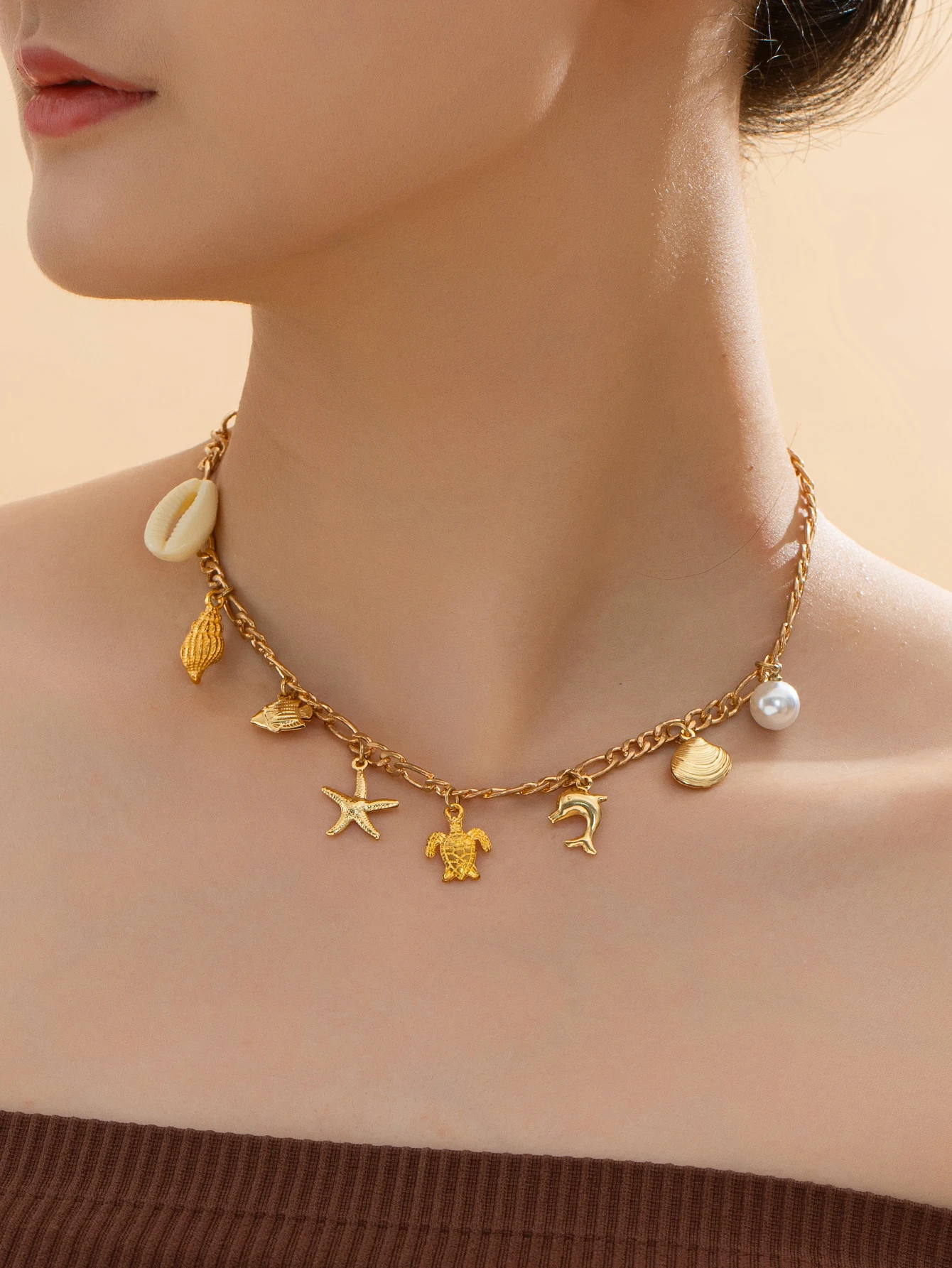 2024 trendy ocean style shell turtle and starfish pendant nk-chain necklace female elegant collarbone chain