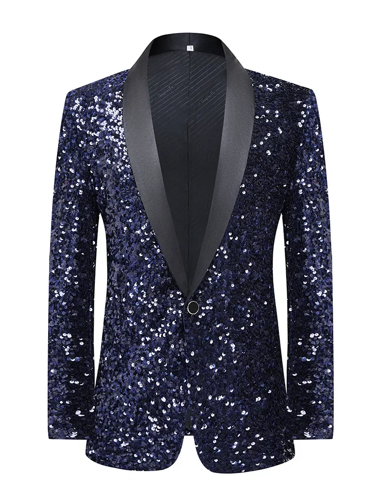 

HOO 2024 Men's Sequined Color Changing DJ Stage Performance blazer Host Singer Navy Blue blazer